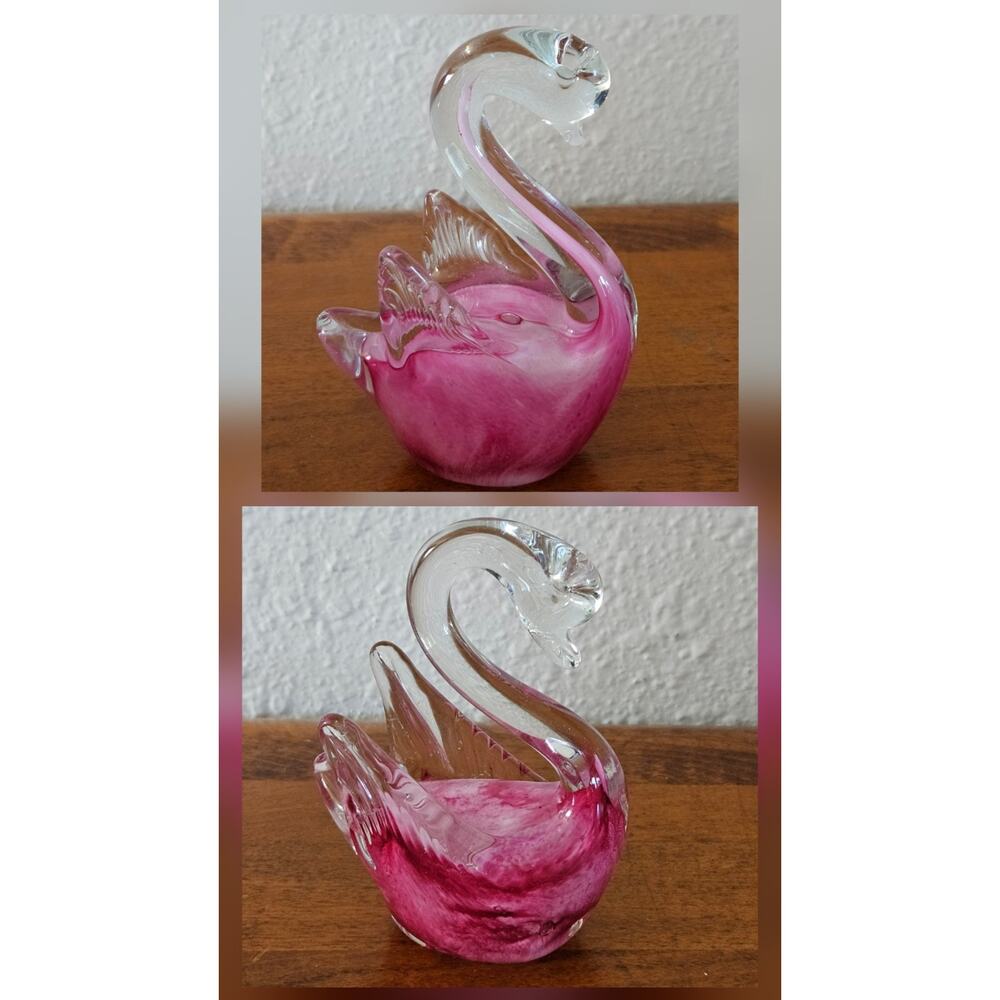Pair of Pink Glass Swans Paperweights Figurine Art Glass